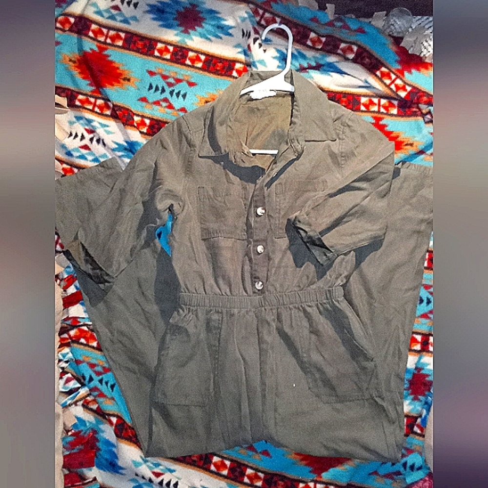 Button-Up army green romper